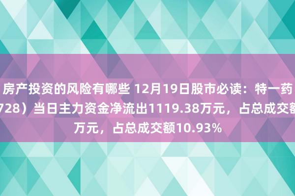 房产投资的风险有哪些 12月19日股市必读：特一药业（002728）当日主力资金净流出1119.38万元，占总成交额10.93%