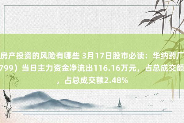 房产投资的风险有哪些 3月17日股市必读：华纳药厂（688799）当日主力资金净流出116.16万元，占总成交额2.48%